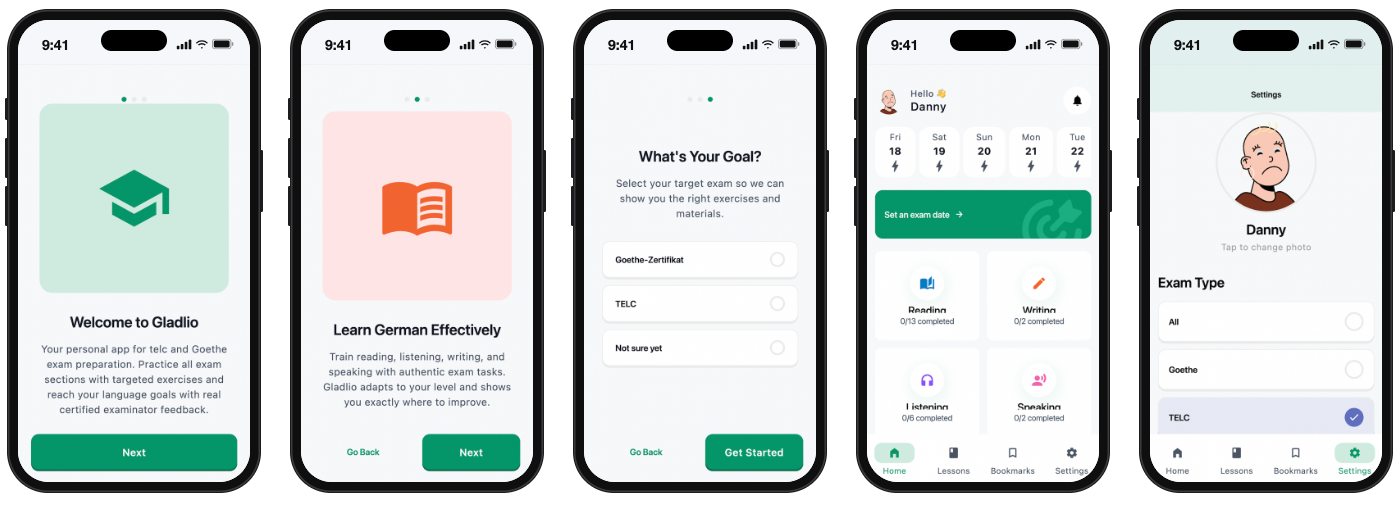 Gladlio app preview: onboarding, goal selection, home and settings screens